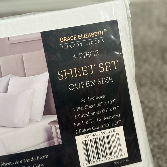 Grace Elizabeth New Luxury Linens 4-Piece Queen Sheet Set White Fitted Mattress - Picture 2 of 5